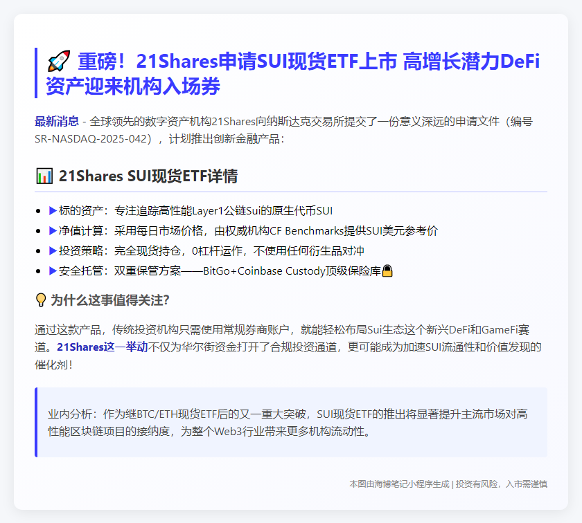 21Shares申请SUI现货ETF在纳斯达克上市