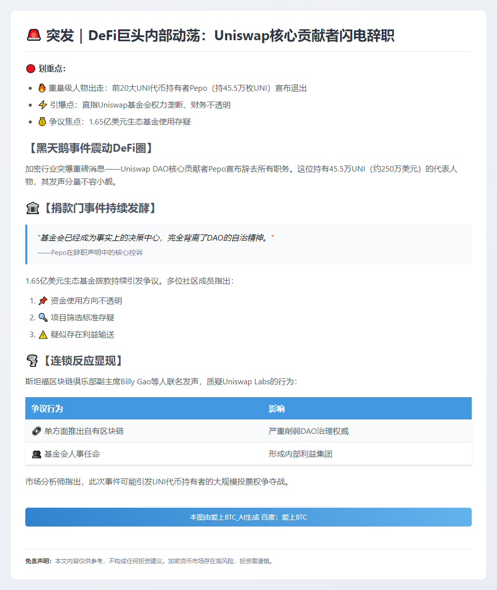 Uniswap元老愤然离去，批基金会独揽大权