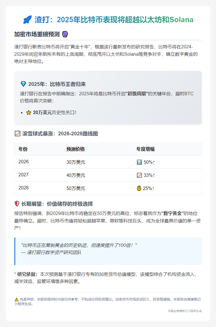 渣打：2025年比特币表现将超越以太坊和Solana