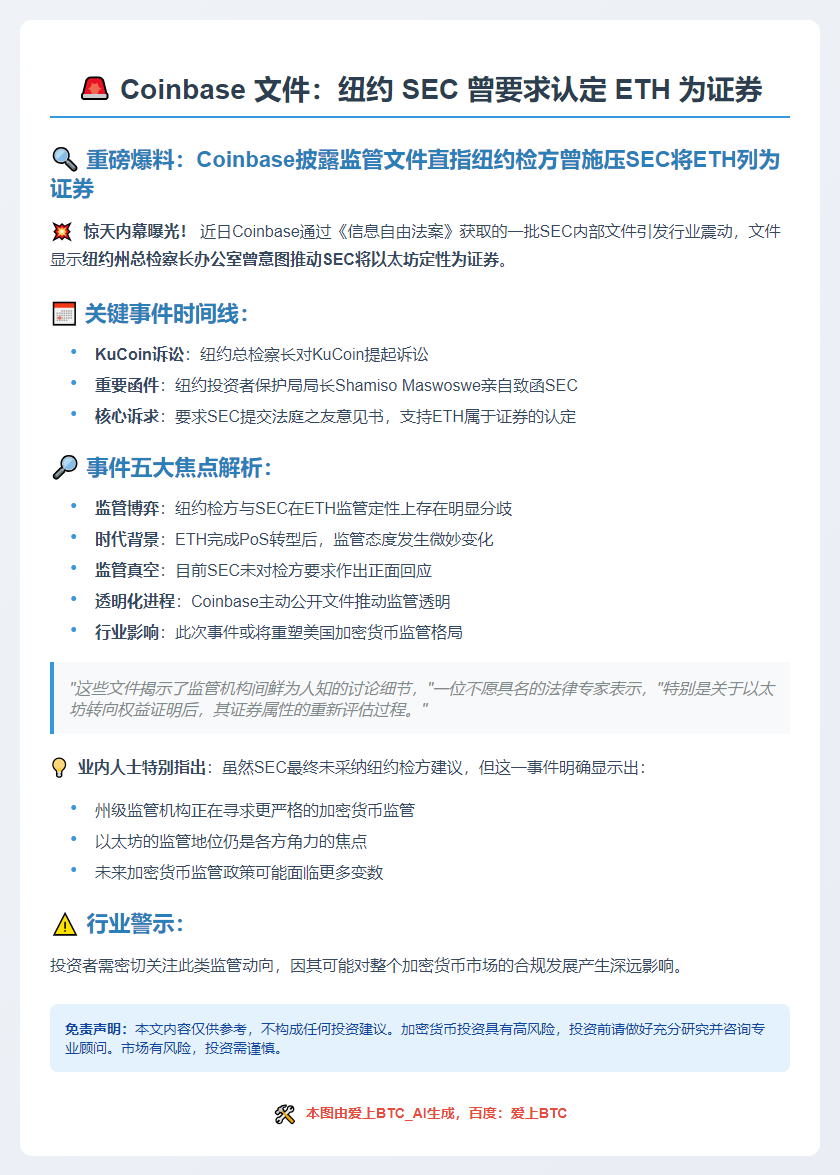 Coinbase 文件：纽约 SEC 曾要求认定 ETH 为证券