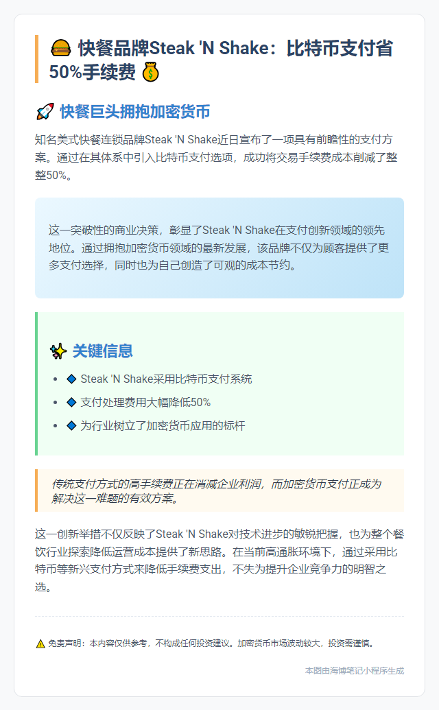 快餐品牌Steak 'N Shake：比特币支付省50%手续费