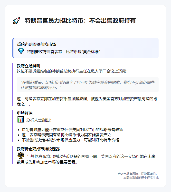 特朗普官员力挺比特币：不会出售政府持有