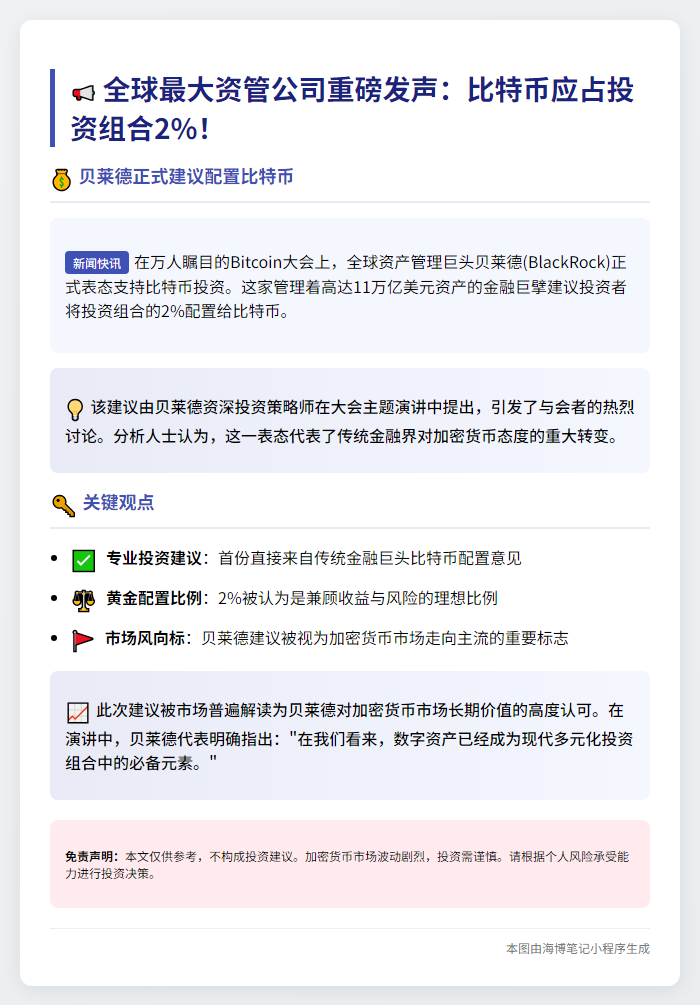 贝莱德建议比特币配置2%