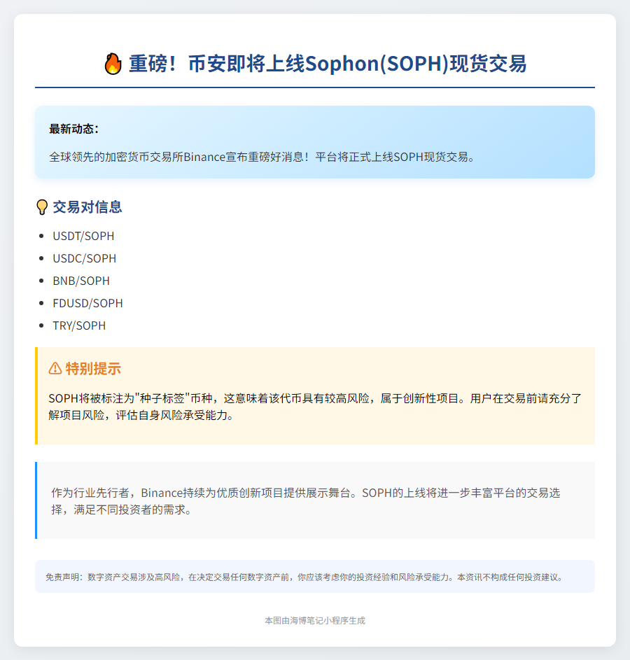 Binance上线SOPH现货交易
