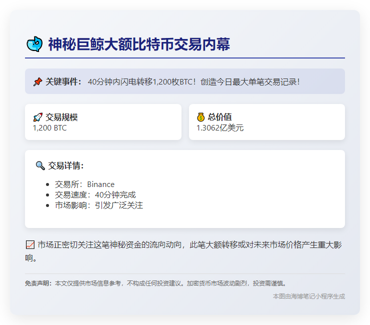 鲸鱼40分钟前提取1200枚BTC
