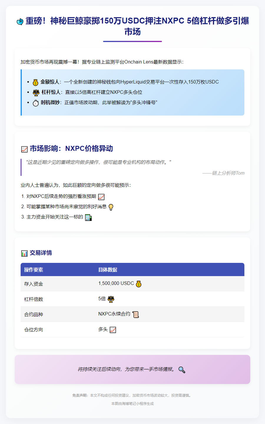 "新建钱包豪掷150万USDC，5倍做多NXPC"