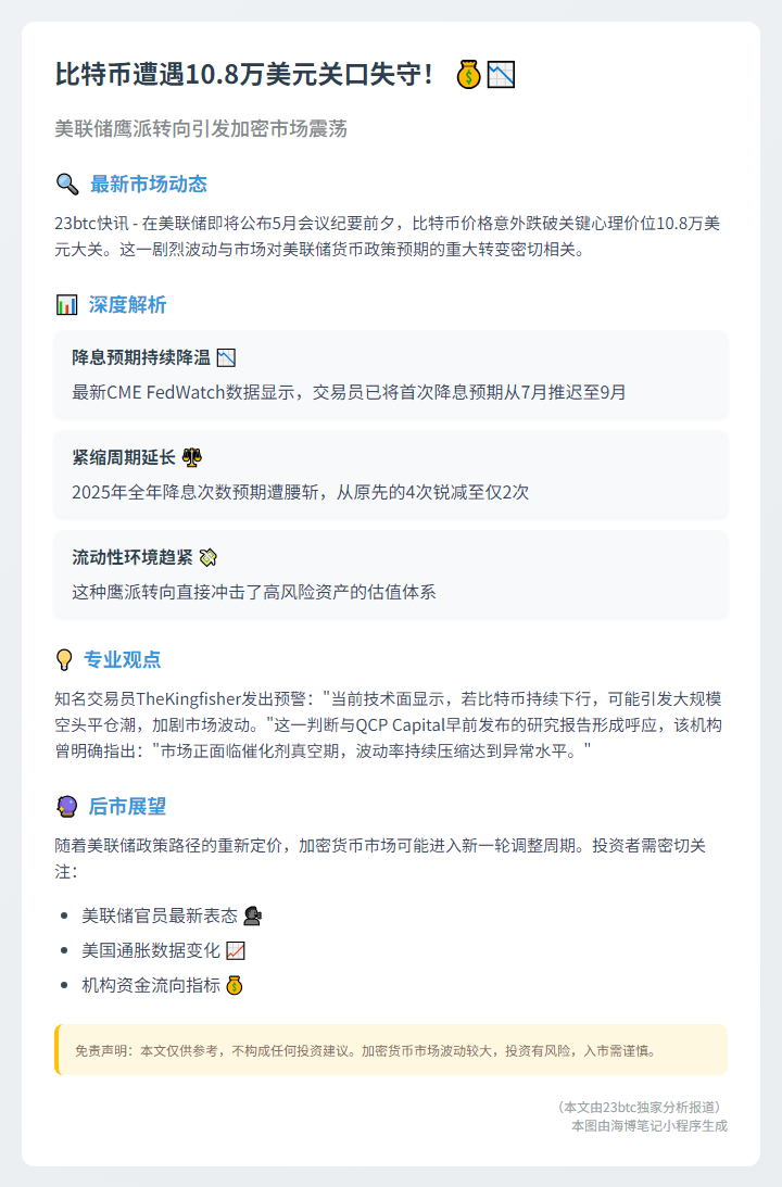 美联储降息预期降温，BTC跌破10.8万美元