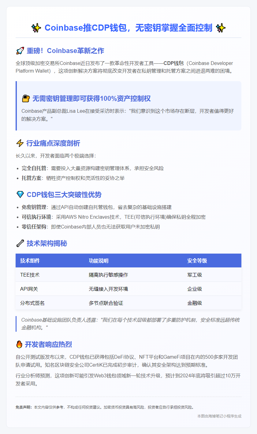 Coinbase推CDP钱包，无密钥掌握全面控制
