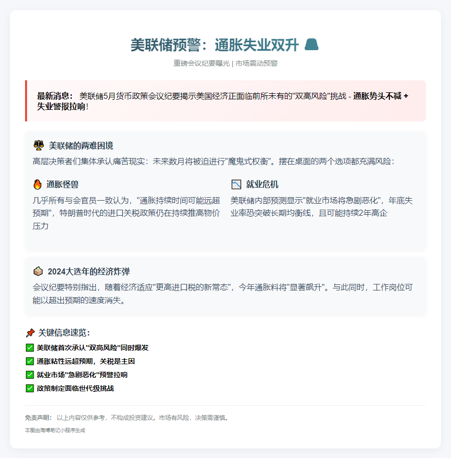 美联储预警：5月会议通胀失业双升