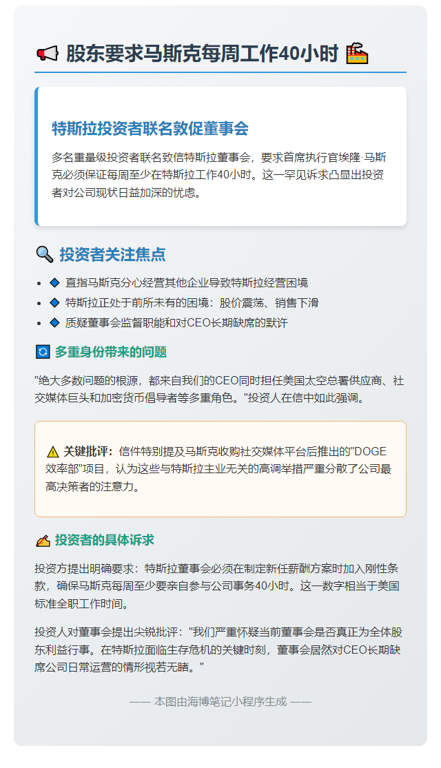 股东要求马斯克每周工作40小时