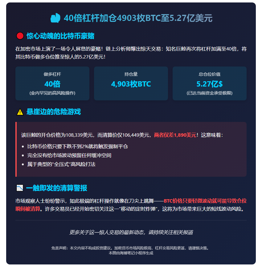 鲸鱼40倍杠杆加仓4903枚BTC至5.27亿