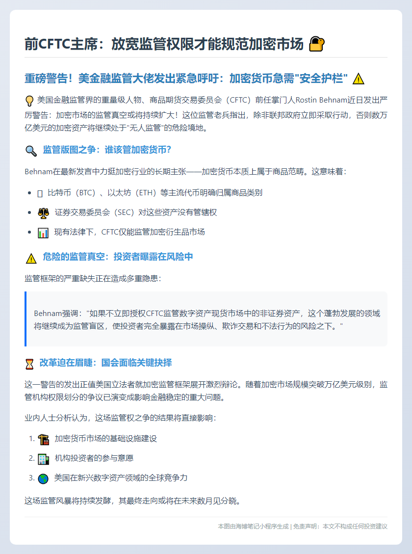 前CFTC主席：放宽监管权限才能规范加密市场
