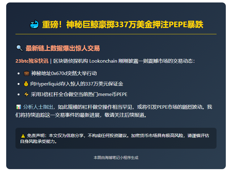 巨鲸337万押注，3倍杠杆做空PEPE