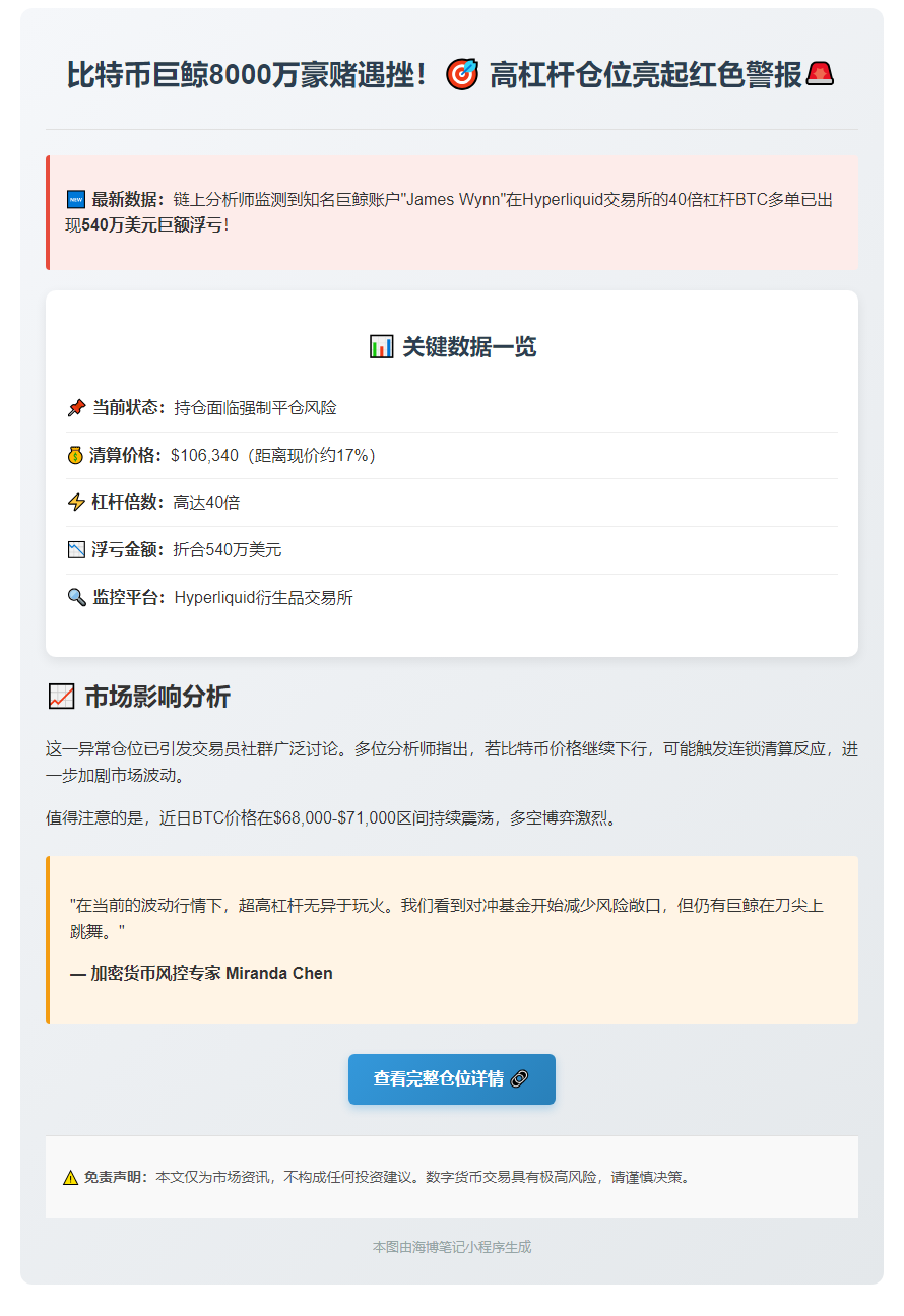 巨鲸40倍杠杆多单浮亏540万