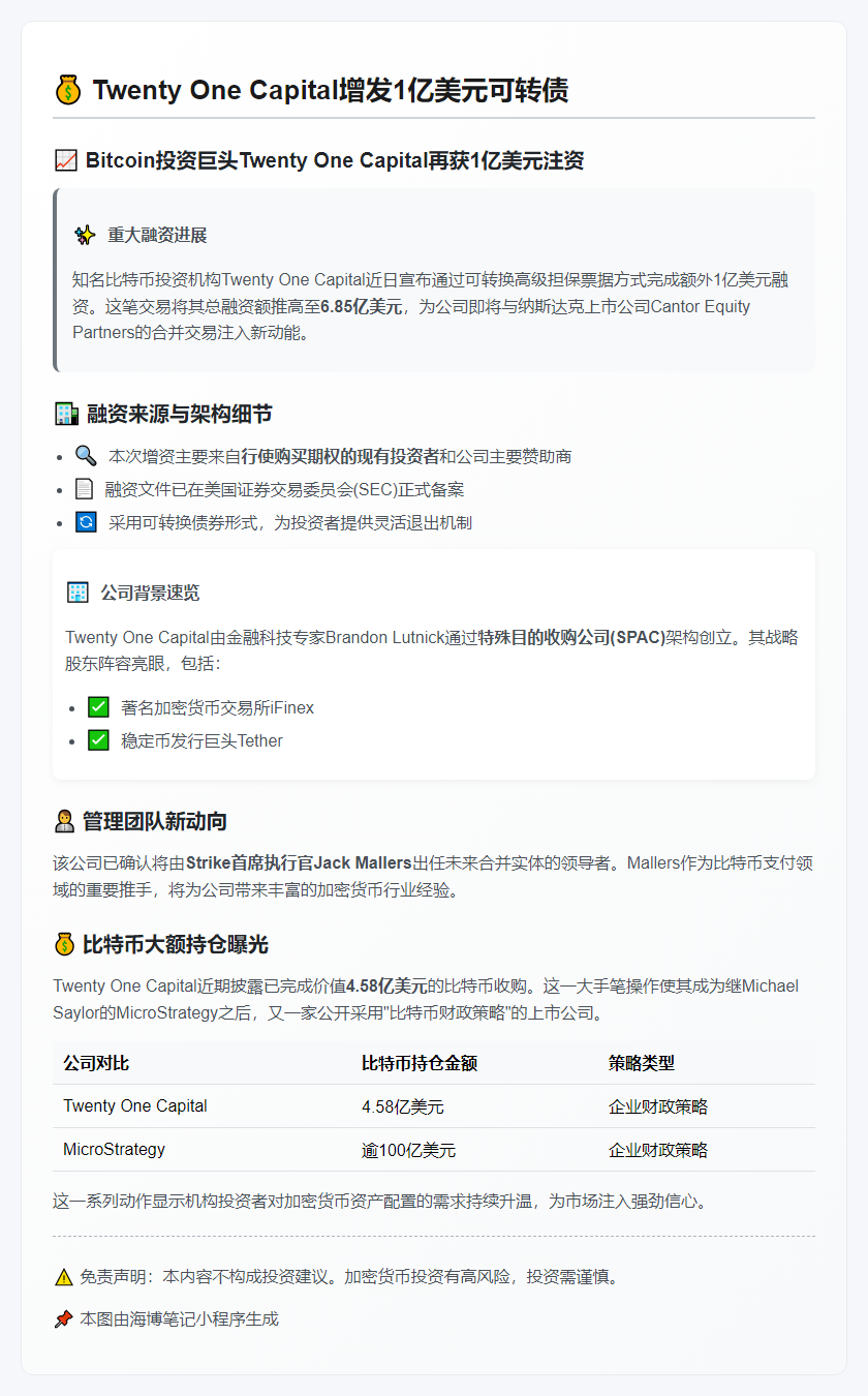 Twenty One Capital增发1亿美元可转债