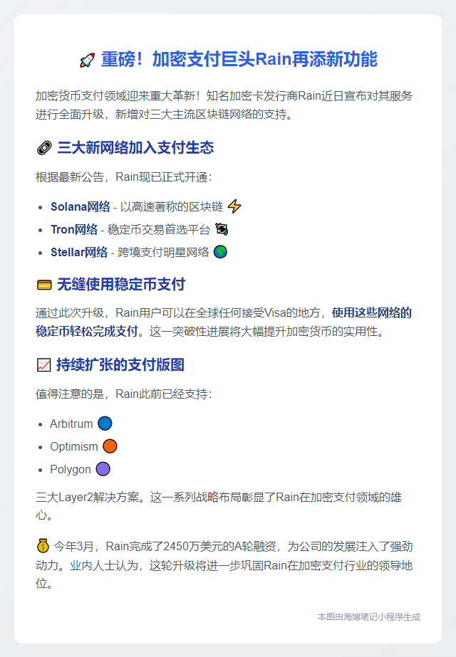 Rain新增支持Solana、Tron和Stellar网络