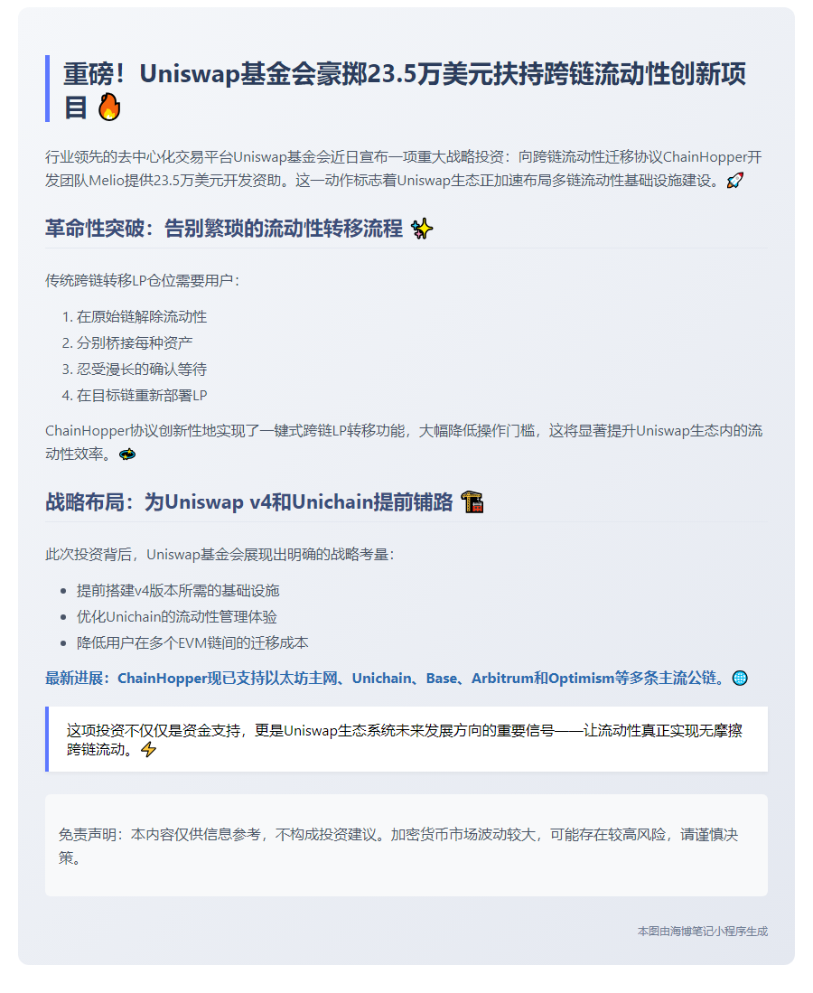 Uniswap出资23.5万美元资助ChainHopper
