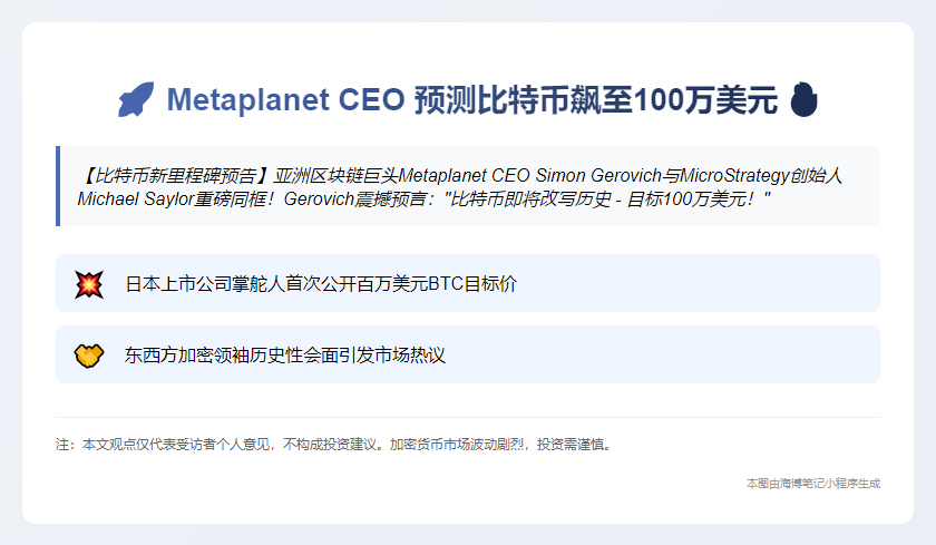 Metaplanet CEO预测比特币飙至100万美元