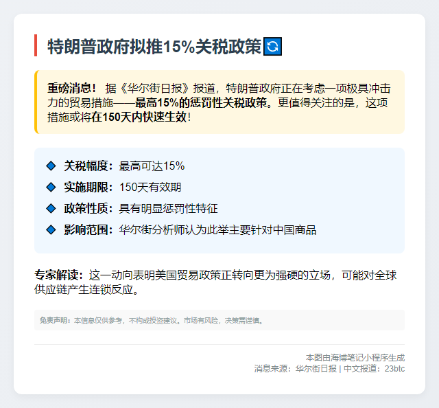 特朗普拟推15%关税，为期150天