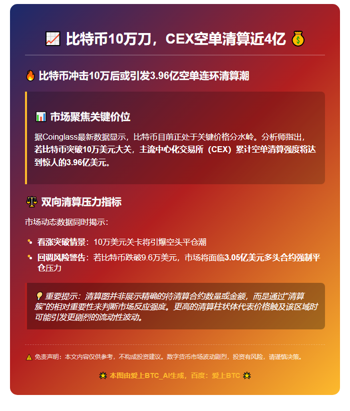 比特币10万刀，CEX空单清算近4亿