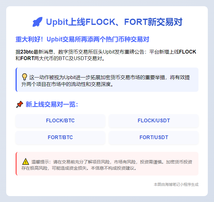 "Upbit上线FLOCK、FORT新交易对"