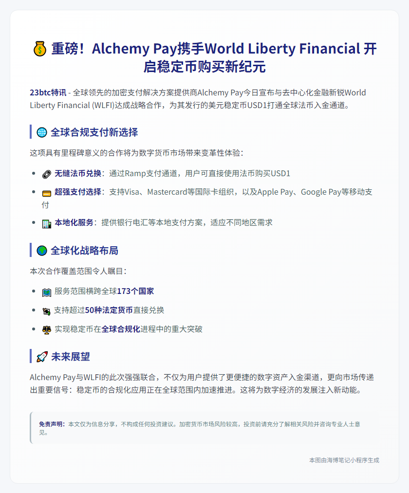 Alchemy Pay联手World Liberty提供USD1入金