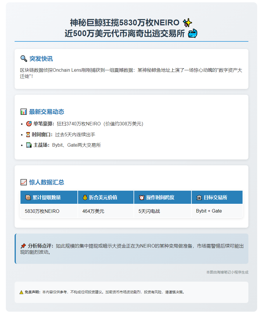 鲸鱼提取3740万NEIRO，价值308万美元