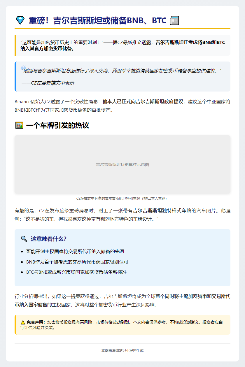 吉尔吉斯斯坦或储备BNB、BTC