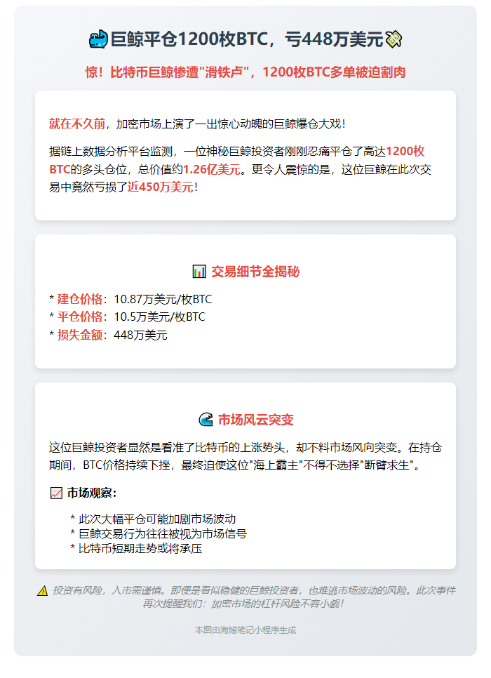 巨鲸平仓1200枚BTC，亏448万美元