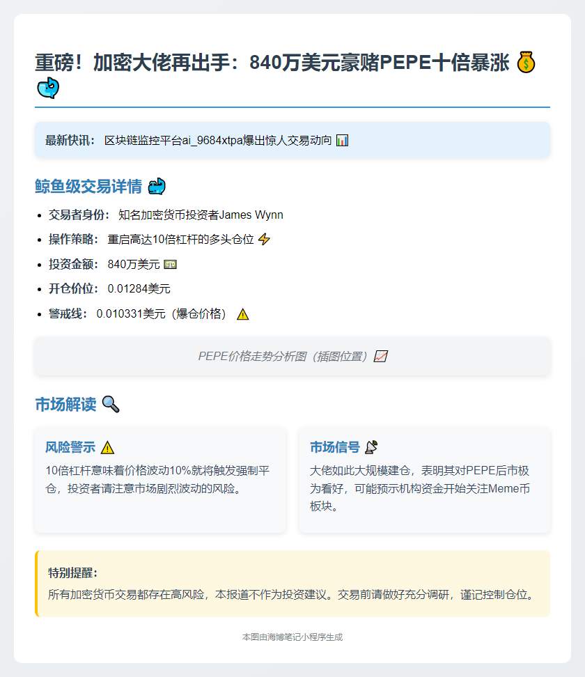 巨鲸再买840万PEPE，押注10倍暴涨