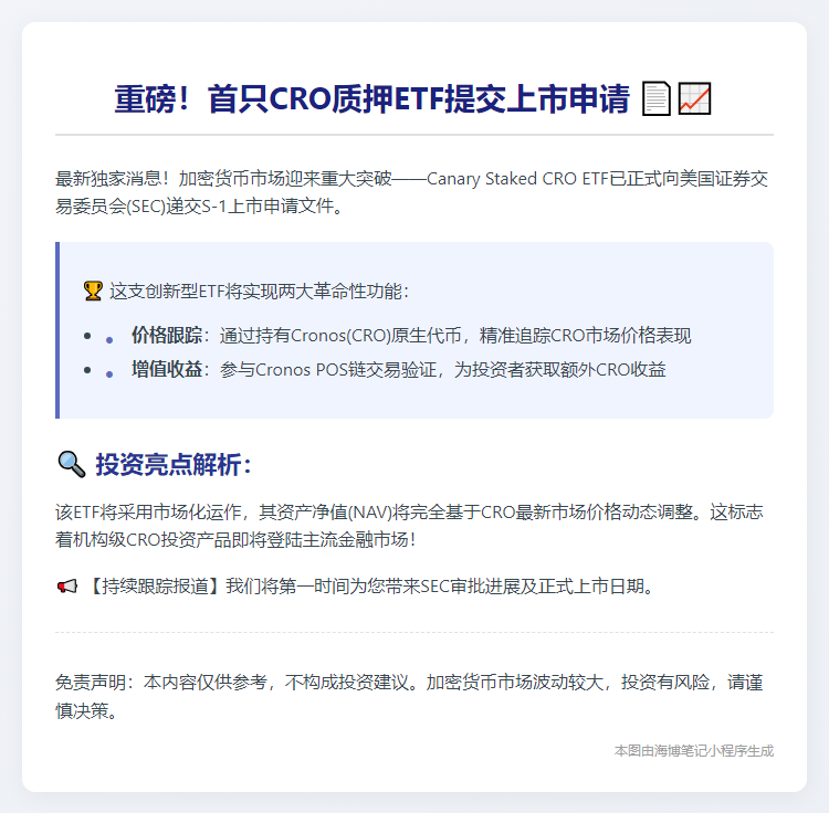Canary Staked CRO ETF申请上市