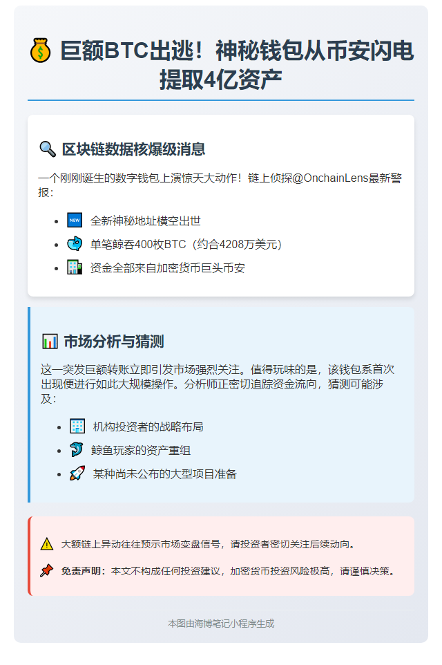 新钱包从币安提取400枚BTC