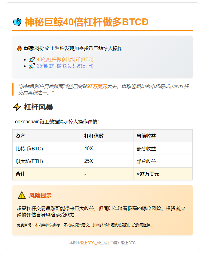 鲸鱼做多BTC和ETH，浮盈97万美元