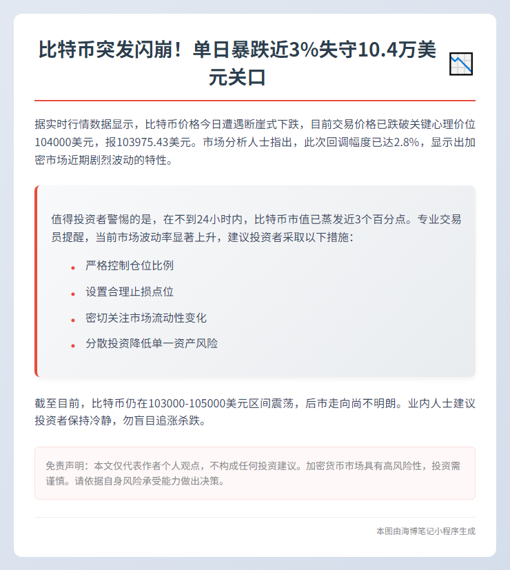 比特币跌破10.4万美元