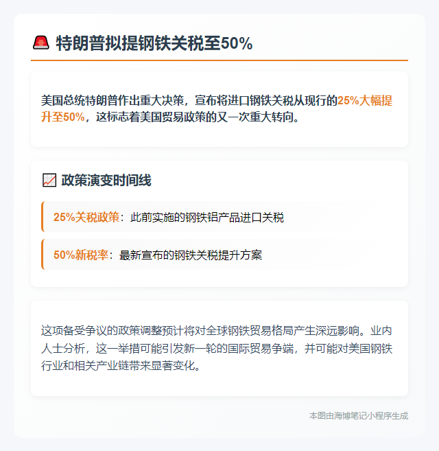 特朗普拟提钢铁关税至50%