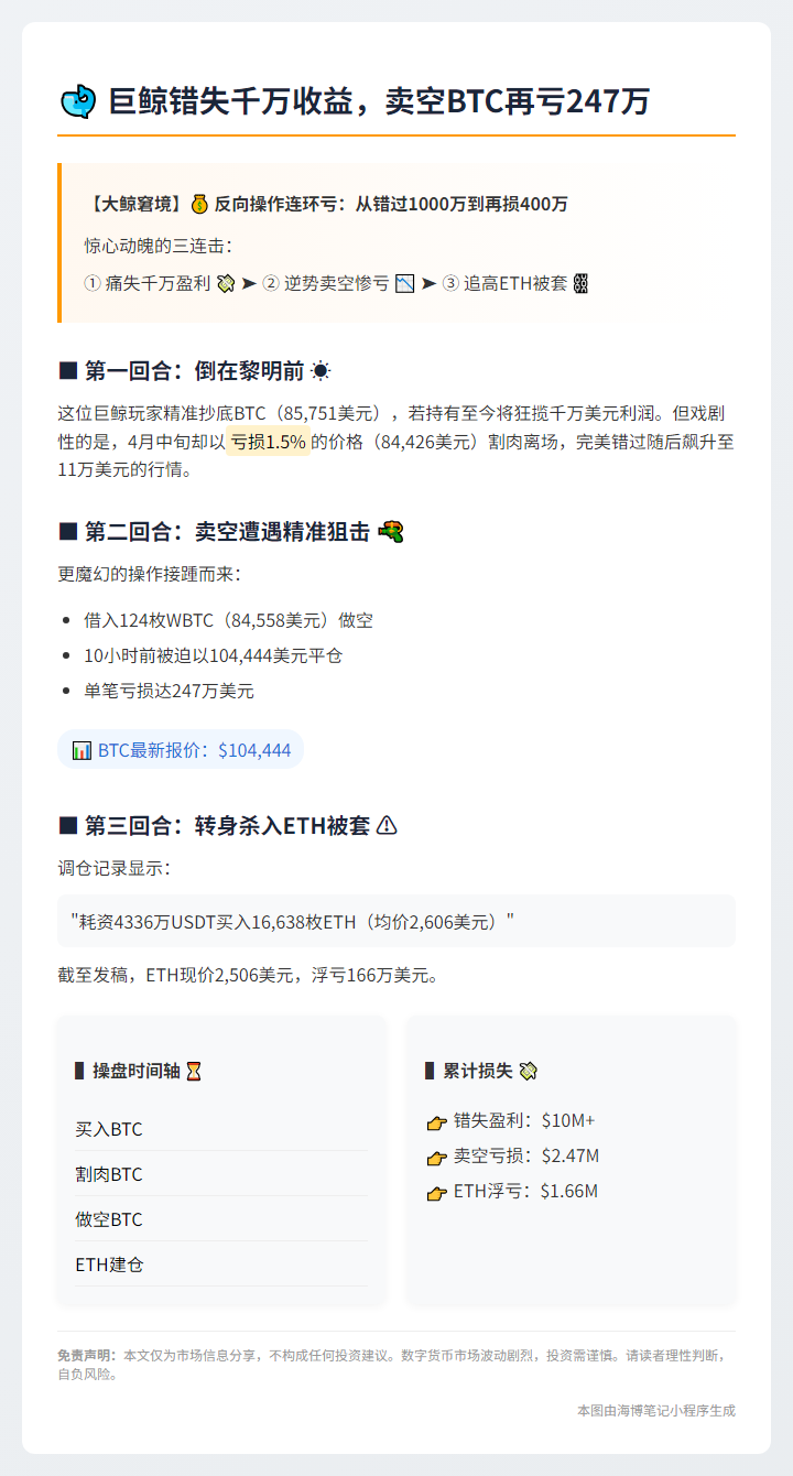 巨鲸错失千万收益，卖空BTC再亏247万