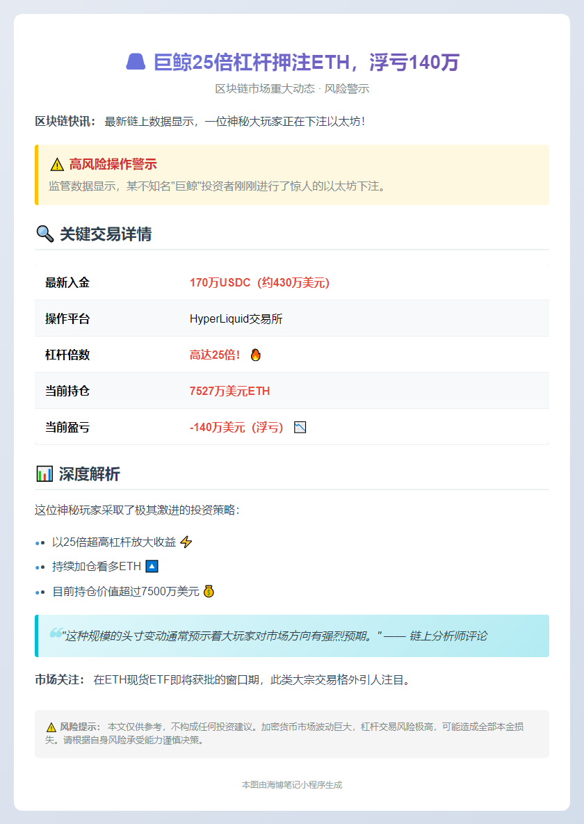 巨鲸25倍杠杆押注ETH，浮亏140万