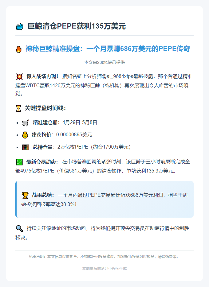 巨鲸清仓PEPE获利135万美元