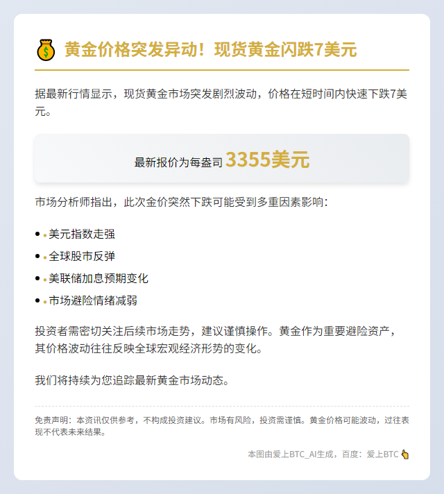 黄金短线跌7美元，现报3355