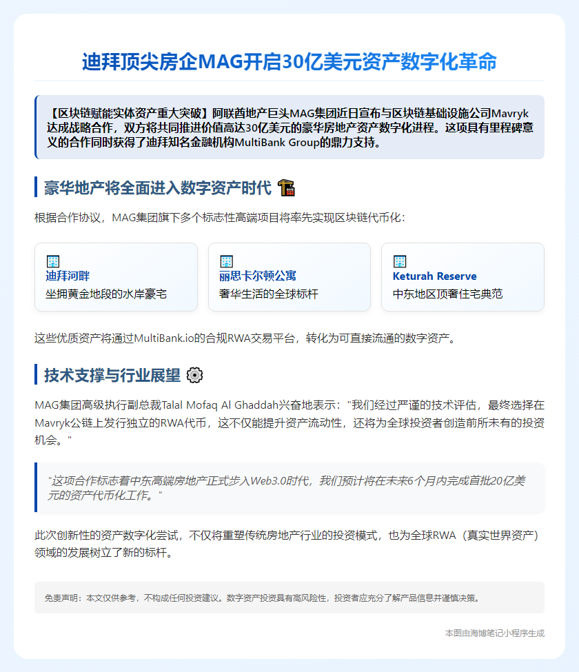 迪拜房企MAG与MultiBank签30亿代币化协议