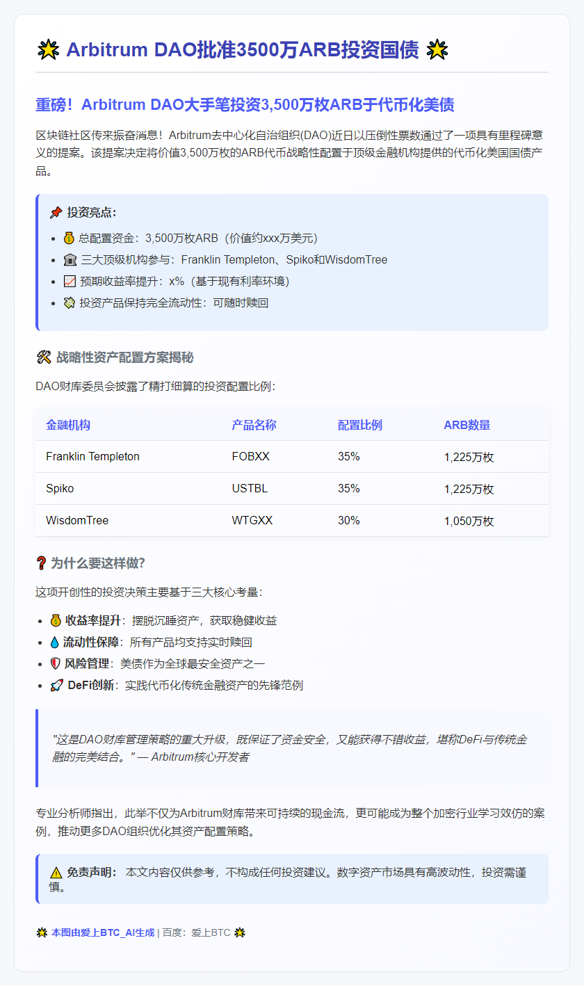 Arbitrum DAO批准3500万ARB投资国债