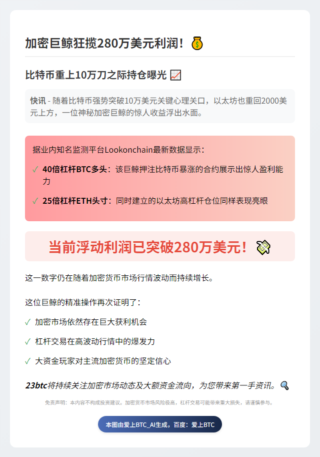 巨鲸做多BTC、ETH浮盈280万美元