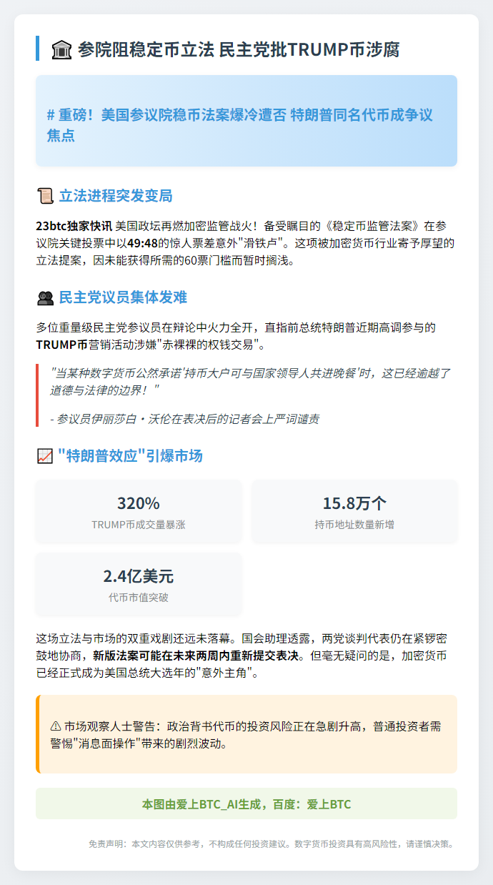 参院阻稳定币立法 民主党批TRUMP币涉腐