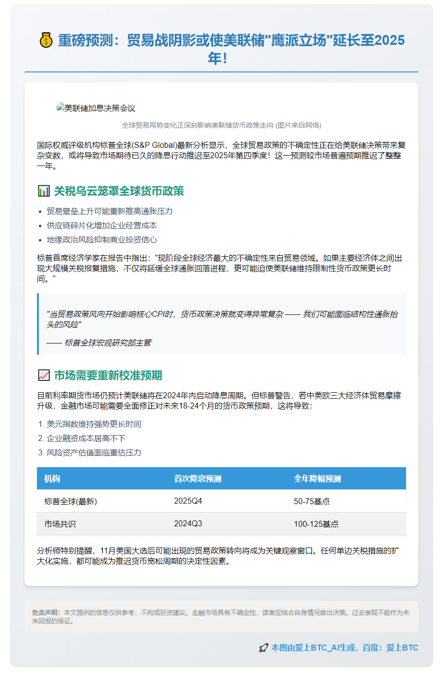 关税或致美联储推迟降息至2025年底