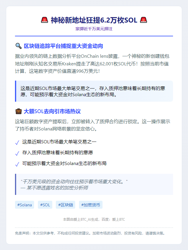 "新地址质押6.2万枚Kraken提现SOL"
