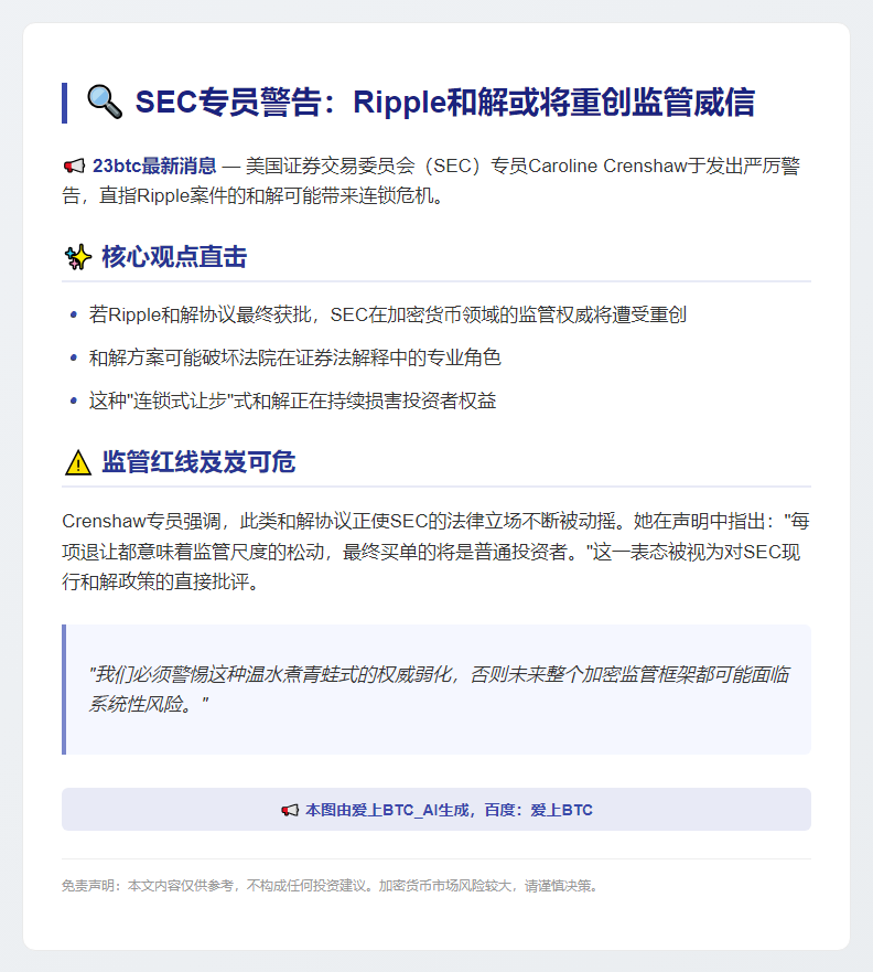 SEC专员警告：Ripple和解或削弱SEC监管威信