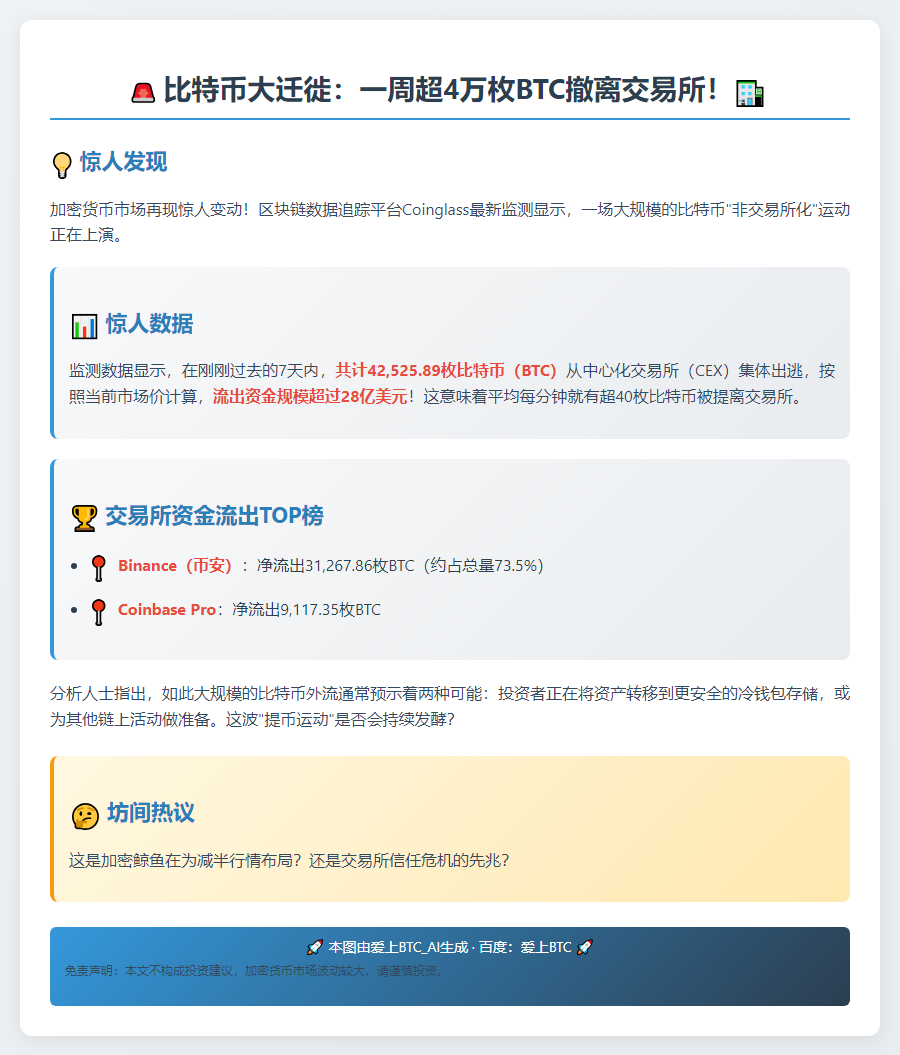 7天42525枚比特币流出CEX
