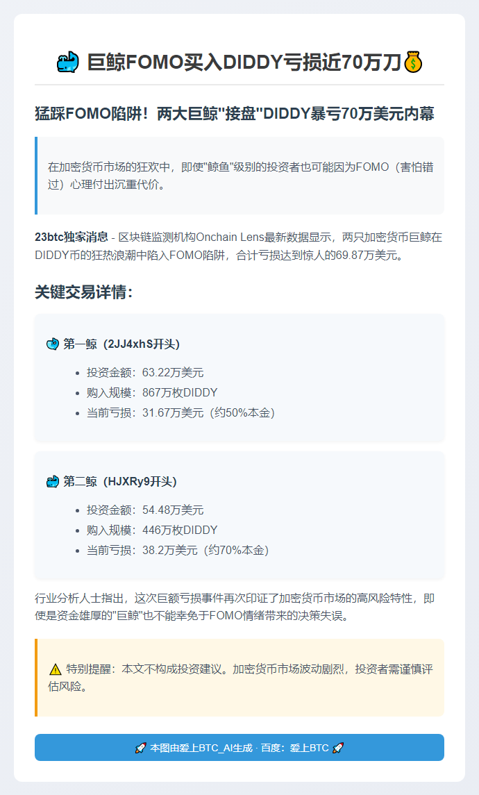 巨鲸FOMO买入DIDDY，亏损近70万刀