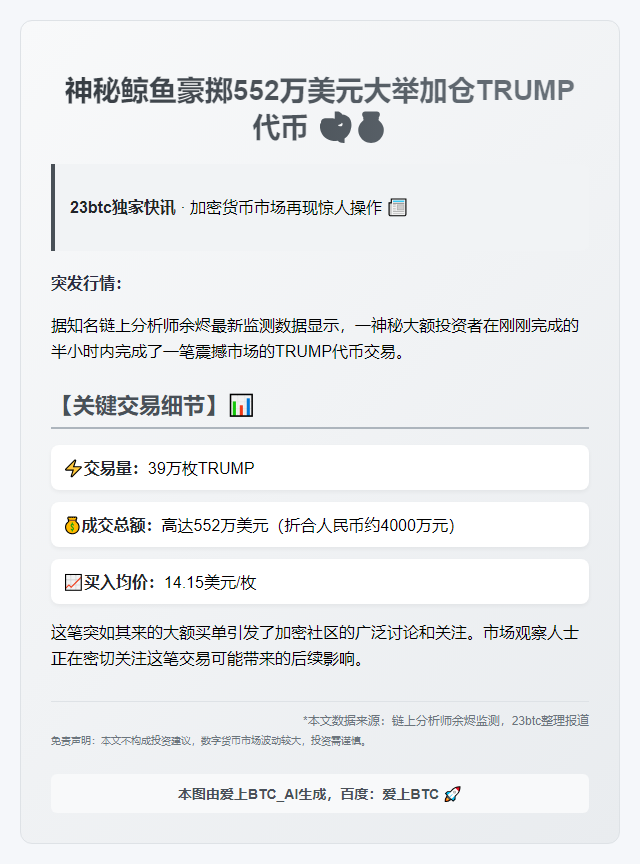 "巨鲸14.15美元购入39万枚TRUMP"