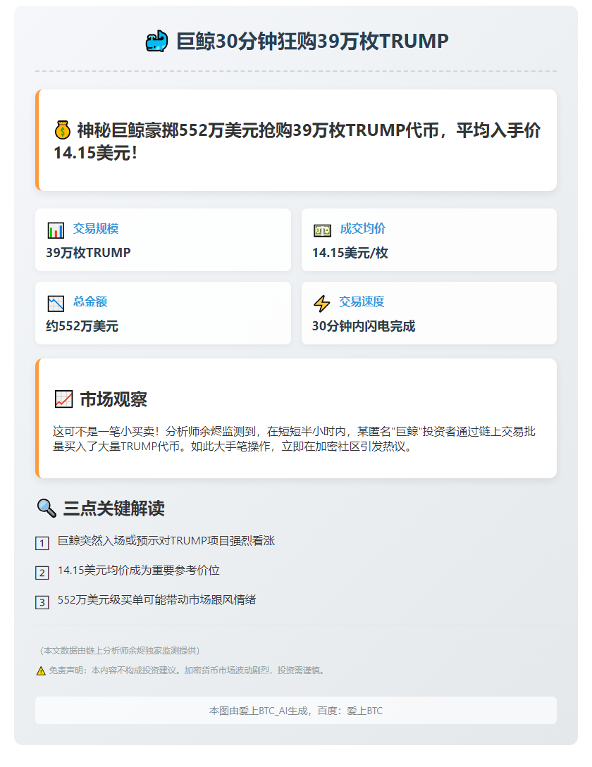 巨鲸30分钟狂购39万枚TRUMP